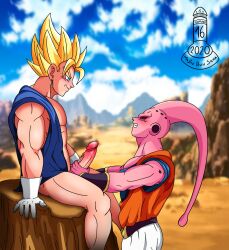 2boys dick dragon_ball dragon_ball_z erection gay handjob humanoid looking_at_another majin_buu majinbuusama male male/male male_only muscular muscular_male outside pink_body pink_skin red_eyes sex super_buu super_saiyan tagme vegito warrior yaoi