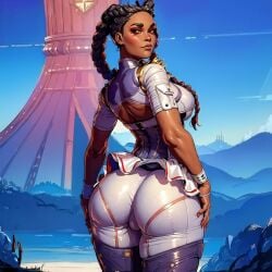 ai_generated apex_legends ass big_ass big_breasts big_butt braided_hair braided_twintails breasts briefineshi dark-skinned_female dark_skin huge_ass large_ass loba loba_(apex_legends) makeup nai_diffusion red_eyeshadow red_makeup respawn_entertainment small_waist stable_diffusion tattoo thick_ass thick_thighs two_tone_hair waist yellow_eyes