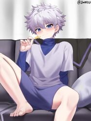 1boy barefoot blue_eyes blush blushing_at_viewer clothed couch feet femboy g1_(artist) gay hunter_x_hunter killua_zoldyck male male_only no_sex on_couch on_sofa pillow silver_hair sitting smile smiling smiling_at_viewer sofa teenage_boy teenager