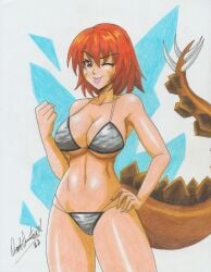 1girls 2022 bikini commission dinosaur dinosaur_girl oc pencil_(artwork) ravern_clouk solo solo_female stegosaurus tagme wink winking_at_viewer