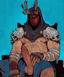 1boy antlers balls ballsack bara blue_background body_hair erection foreskin foreskin_folds full-face_helmet fully_retracted_foreskin hairy_male hood horns human inner_foreskin intact male male_nipples male_only manly mask mature_male penis penis_out roamingthrough scrotum sitting solo testicles uncut veiny_penis