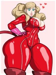 1girls ann_takamaki atlus big_breasts big_lips blonde_hair blue_eyes bodysuit breasts cleavage clothing ear_piercing earrings fake_tail female female_only hair hand_on_hip heart hips huge_breasts human latex latex_bodysuit lips pale_skin persona persona_5 phantom_thief_suit red_bodysuit shingattai solo solo_female thick_lips thick_thighs thighs twintails wide_hips