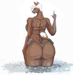 anthro ass back_view blue_eyes equid equine female keeltheequine mammal pointing_up solo white_hair