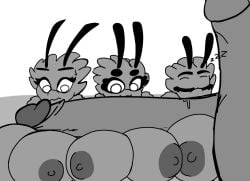 antennae_(anatomy) anthro arthropod bee big_breasts big_penis breasts female genitals group hi_res huge_breasts huge_cock hymenopteran insects kouh male male/female monochrome nipples penis penis_on_breast simple_background sleeping smile sound_effects zzz