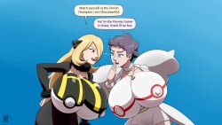 2girls big_breasts blonde_female bodypaint breasts breasts_out breasts_outside cynthia_(pokemon) diantha_(pokemon) female_only huge_breasts multiple_girls open_mouth pokemon pokemon_dppt pokemon_xy premier_ball speech_bubble ultra_ball ydbunny