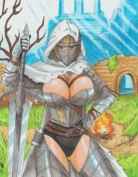 1girls 2022 armor bare_thighs big_breasts cleavage commission dark_souls fromsoftware helmet huge_breasts knight pencil_(artwork) ravern_clouk solo solo_female tagme