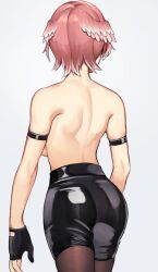 1girls ass back fingerless_gloves from_behind hololive hololive_japan holox leather_pants shiny shiny_clothes short_hair simple_background takane_lui topless virtual_youtuber vtuber yuya_(pixiv37335712)