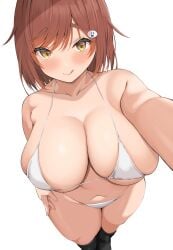 1girls 2022 absurd_res bikini blush breasts brown_eyes brown_hair cute female female_only hips huge_breasts massive_breasts neneneji original original_character plump selfie short_hair simple_background slightly_chubby smile thick_thighs thighs white_bikini wide_hips