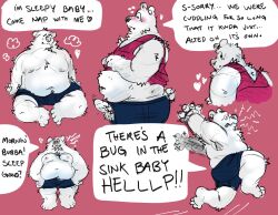 2022 2wuff anthro balls black_nose blush bottomwear clothing dialogue english_text erection genitals heart hi_res male mammal moobs multiple_poses nipples overweight overweight_male penis polar_bear pose scared shirt shorts sitting solo text topwear ursid ursine white_body