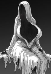 1girls 2022 bedsheet_ghost blanket female female_only ghost ghost_girl greyscale hi_res houtengeki huge_breasts implied_cleavage implied_female invisible invisible_body invisible_girl open_clothes open_robe robe sheet solo solo_female