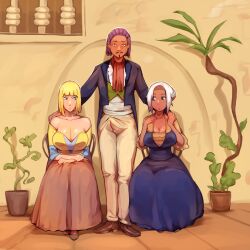 1boy 2girls alternate_costume big_breasts blonde_hair blunt_bangs boner breasts cornrows dark-skinned_female dark-skinned_male dark_skin erection erection_under_clothes facial_hair female fully_clothed goatee hair_bun kokman light-skinned_female light_skin looking_at_another looking_at_partner looking_at_penis looking_at_viewer mabui male moustache multiple_girls naruto naruto_(series) naruto_shippuden no_bra original_character parted_bangs penis samui silver_hair sitting standing tied_hair