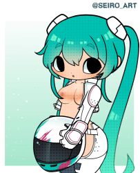 1girls :o animated areola black_eyes breasts chibi chibi_style cleavage cute cyan_hair gif hatsune_miku helmet helmet_removed looking_at_viewer nipples practically_nude pussy racing_miku seiro_art smile solo solo_female tagme twintails vocaloid