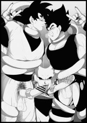 3boys balls blush boner clothing dick dragon_ball dragon_ball_z erection forced gay gay_sex humanoid licking looking_at_another majin_buu majinbuusama male male/male/male male_only monochrome muscular muscular_male oral oral_sex pecs son_goku super_buu tentacle tongue tongue_out vegeta