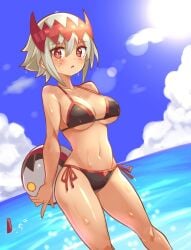 1girls beach beach_ball bikini blush cougar1404 dragon dragon_girl dragon_marked_for_death empress_(dmfd) fit_female horn horns inti_creates large_breasts looking_at_viewer monster_girl ocean red_eyes red_scales scales scar short_hair sweat wet white_hair