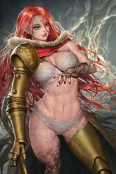 1girls abs alternate_version_available armor athletic_female cracked_skin diseased elden_ring female female_only fromsoftware goddess gold_(metal) light_skin lingerie malenia_blade_of_miquella muscular_female neoartcore pale_skin red_hair smirk solo solo_female sword