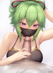 1boy arm_behind_head arm_up armpits artist_name bed_sheet blush breasts brown_nails censored female fingernails genshin_impact green_hair hair_between_eyes hair_ribbon highres imminent_fellatio kimoshi kuki_shinobu large_breasts long_fingernails male_pubic_hair mask mosaic_censoring nail_polish penis pubic_hair purple_eyes red_ribbon ribbon short_hair simple_background solo_focus straight sweat upper_body v-shaped_eyebrows white_background x-ray