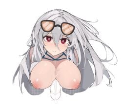 arknights between_breasts black-framed_eyewear blush breasts collarbone cropped_torso cum cum_on_body cum_on_breasts disembodied_penis ejaculation eyewear_on_head female grey_hair highres large_breasts long_hair nipples official_alternate_costume orange-tinted_eyewear paizuri penis red_eyes shiershishisanfen simple_background skadi_(arknights) skadi_(waverider)_(arknights) sunglasses tinted_eyewear upper_body white_background