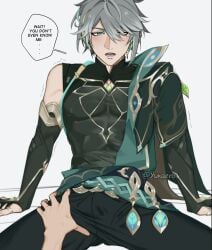 1boy 1other alhaitham_(genshin_impact) blush bulge clothed clothed_male disembodied_hand erection_under_clothes flushed flustered genshin_impact gray_hair green_eyes grey_hair human male male_only nipples_visible_through_clothing shaking yukaero4