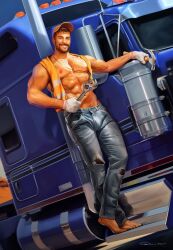 barefoot bulge jeans looking_at_viewer male_focus male_only mr._big_(qai_san) muscles muscular muscular_male open_shirt posing qai_san smiling tools truck trucker twitter_user_oc