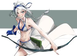 1girls absurdres ahoge alternate_costume armband bangs bare_shoulders bikini blue_eyes blue_gloves blue_hairband blue_ribbon bow_(weapon) braid cosplay crossover_cosplay determined female female_only fire_emblem fire_emblem_fates fundoshi gloves grey_bikini grey_swimsuit hair_ribbon hairband highres holding holding_bow_(weapon) holding_weapon japanese_clothes looking_at_viewer low_twintails majikina_mina majikina_mina_(cosplay) mxvv4878 navel nina_(fire_emblem) nintendo parted_bangs ribbon samurai_shodown samurai_spirits sarong side-tie_skirt single_glove snk solo swimsuit twin_braids twintails upper_body weapon white_bikini white_hair white_sarong white_swimsuit