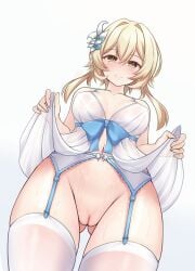 1girls blonde_hair blush breasts dress_lift female female_only gabriel_evangel gabrielevangel garter_straps genshin_impact lumine_(genshin_impact) navel no_panties pussy short_hair simple_background solo solo_female stockings thick_thighs thighhighs thighs white_background white_stockings white_thighhighs yellow_eyes