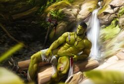 fangs flaccid flaccid_penis green_skin laying_back male male_only muscles muscular muscular_male orc orc_male outdoors outside posing qai_san see-through solo unnamed_character waterfall