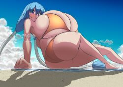 2022 ass beach big_breasts bikini blue_hair giantess huge_breasts massive_breasts moralgear original purple_eyes shiho_(moralgear) tagme thick_ass