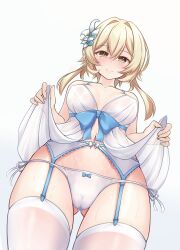 1girls blonde_hair blush breasts dress_lift female female_only gabriel_evangel gabrielevangel garter_straps genshin_impact lumine_(genshin_impact) navel panties pussy short_hair simple_background solo solo_female stockings thick_thighs thighhighs white_background white_stockings white_thighhighs yellow_eyes