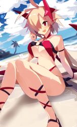 beach bikini blush breasts disgaea disgaea_rpg embarrassed fallen_angel large_breasts lucy_(disgaea_rpg) nanozenzen nippon_ichi_software skimpy_bikini thighs