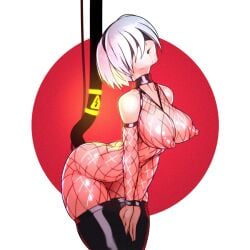 1girls blindfold bob_cut cable erect_nipples fishnet_bodysuit large_breasts light-skinned_female meme nier:_automata perky_breasts perky_nipples pink_nipples puffy_areola puffy_nipples short_hair simple_background tailbox white_hair yorha_2b