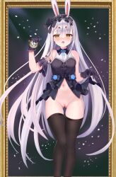 absurdres animal_ears ass_visible_through_thighs azur_lane bangs bare_shoulders black_legwear blue_dress blue_gloves blush bottomless breasts dress drooling female frilled_gloves frills fuying_sanbing gloves heart heart-shaped_pupils heavy_breathing highres holding holding_pocket_watch light_purple_hair long_hair navel no_panties no_pants pocket_watch pussy pussy_juice rabbit_ears saliva shimakaze_(azur_lane) shimakaze_(the_white_rabbit_of_wonderland)_(azur_lane) small_breasts solo standing stomach symbol-shaped_pupils thigh_gap thighhighs thighs tongue tongue_out very_long_hair watch yellow_eyes