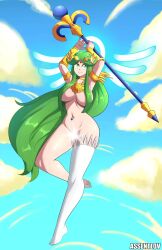 1girls assentlov barefoot big_breasts big_thighs breasts censored cleavage eyebrows_visible_through_hair female female_only functionally_nude functionally_nude_female godiva_hair green_eyes green_hair hair_covering_breasts kid_icarus laurel_crown legwear light-skinned_female light_censor light_skin long_hair looking_at_viewer naked navel_gem navel_jewelry navel_piercing nintendo nude pale-skinned_female pale_skin palutena sky_background smile solo staff thick thick_hips thick_thighs very_long_hair white_legwear wide_hips