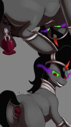 2019 9:16 ambiguous_gender anal anal_vore anus armor ass balls black_mane black_tail buttplug crown equid equine evil_face feral friendship_is_magic genitals glowing glowing_eyes green_sclera grey_background grey_body grin hasbro hi_res horn king_sombra_(mlp) looking_back macro male male/ambiguous male_only mammal mane melancholicmash micro my_little_pony plug_(sex_toy) sex_toy simple_background smile unicorn vore