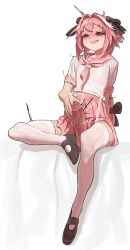 1boy astolfo_(fate) crossdressing cum erection fate/grand_order fate_(series) femboy girly monster_frog penis pink_hair sitting skirt smile white_background