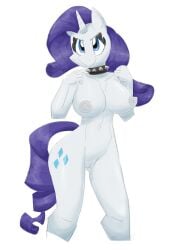 2022 anthro areola big_areola big_breasts big_nipples blue_eyes breasts collar curvy_figure cutie_mark equid equine female flutterthrash friendship_is_magic genitals hair hasbro hi_res horn horse mammal my_little_pony navel nipples nude pony purple_hair pussy rarity_(mlp) solo spiked_collar spikes straight_hair unicorn white_body wide_hips