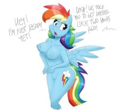 anthro anthrofied breasts cutie_mark english_text equid equine female flutterthrash friendship_is_magic genitals hair hasbro hi_res mammal medium_breasts multicolored_hair multicolored_tail my_little_pony nipples nude pegasus pink_eyes pussy rainbow_dash_(mlp) rainbow_hair rainbow_tail simple_background straight_hair text white_background wings