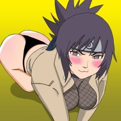 :3 all_fours bent_over big_breasts black_panties blush bottomless breasts brown_eyes coat elizabethmaples female female_only kneeling long_hair looking_at_viewer mesh_shirt mitarashi_anko naruto naruto_(classic) naruto_(series) naruto_shippuden no_skirt panties partially_clothed ponytail shirt solo solo_focus tied_hair trenchcoat