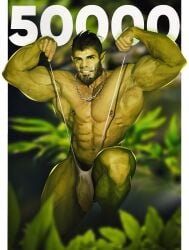 banana_hammock fangs flaccid flaccid_penis flexing green_skin male male_only mankini milestone_celebration muscles muscular muscular_male nipple_piercings orc orc_male posing qai_san see-through solo unnamed_character veiny_penis