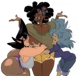 3girls areola arms_up bags_under_eyes bent_over black_female black_hair blue_hair breast_press cowgirl_position dark-skinned_female earrings female_only gigantic_breasts hoop_earrings hug huge_ass jerikah_hunter kobalt_heinzelmann leggings lips messy_hair no_bra original original_character shantia_(slb) shirt_lift short_shorts shorts shrug slb smile standing torn_legwear