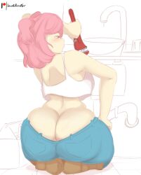 1girls ass ass_cleavage big_ass bubble_butt butt_crack clothing dat_ass doki_doki_literature_club fat_ass female female_only huge_ass kneeling lewddoodler natsuki_(doki_doki_literature_club) no_panties on_knees panties pink_hair plumber plumber's_crack solo sweat tank_top thick_ass thick_thighs toolbox wide_hips wrench