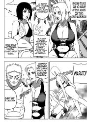 1boy 3girls annoyed ass barefoot beach big_ass big_breasts bikini boobs breasts bust busty comic dialogue embarrassed english_translation female kneeling male monochrome multiple_girls naruto naruto:_the_last naruto_(series) naruto_shippuden nervous ninrubio notes_translation one-piece_swimsuit oppai outdoors samui shizune spanish_text speech_bubble standing story sunbathing swimsuit talking talking_to_another teacher_and_student text tied_hair tits translated tsunade twintails uzumaki_naruto voluptuous walking