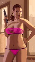 1girls bracelet brown_hair dark-skinned_female dark_skin dreadlocks earrings edit elizabeta_torres grand_theft_auto grand_theft_auto_iv gtauto-x gun looking_at_viewer piercing purple_bra purple_makeup purple_panties swimsuit weapon