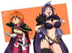 2girls big_breasts breast_envy breast_size_difference breasts cleavage female female_only flowerpigeon73 fully_clothed huge_breasts human large_breasts lina_inverse long_hair naga_the_serpent orange_hair pale-skinned_female pale_skin purple_hair revealing_clothes slayers small_breasts sorceress tagme thick_thighs