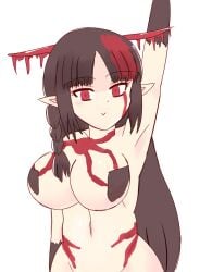 505_games armpits blood bloodless bloodless_(bloodstained) bloodstained:_ritual_of_the_night brown_hair convenient_censoring demon_horns horns inti_creates large_breasts long_hair looking_at_viewer marvelous monster_girl pale_skin red_eyes red_hair smile vampire z17-chan