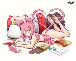 1girls arc_system_works bakeneko bed blazblue candy cat_ears cat_tail chips_(food) electronics food game_console game_controller kemonomimi kokonoe lollipop long_hair monster_girl nintendo nintendo_3ds nude orange_eyes pale_skin petite pink_hair skijjy_f small_breasts split_tail