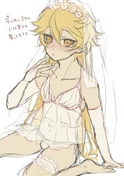 1boy aether_(genshin_impact) barefoot barely_clothed blonde_hair blush bride colored crossdressing femboy gay genshin_impact gloves golden_eyes hair_down japanese_text male male_only onion3325_(twitter) panties sketch solo solo_male text translation_request translucent_clothing trap veil yaoi