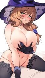 ara_ara breasts brown_hair covering_nipples female female_only genshin_impact gloves green_eyes holding holding_breast lisa_(genshin_impact) looking_at_viewer naked ndgd nude smiling_at_viewer solo stockings tagme witch_hat