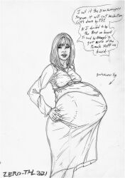 1girls belly big_belly big_breasts breasts bryce_dallas_howard claire_dearing dialogue female jurassic_world nipple_bulge pregnant solo_female text traditional_media_(artwork) zero-thl