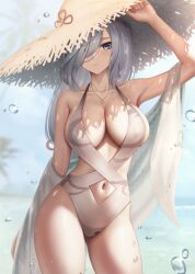 1girls 2022 beach blue_eyes breasts cleavage female female_only genshin_impact hair_over_one_eye hat hips large_breasts large_hat long_hair looking_at_viewer marinesnow one-piece_swimsuit outdoors shenhe_(genshin_impact) slim_waist sun_hat swimsuit thick_thighs thighs white_hair wide_hips