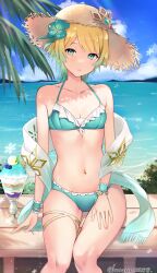 1girls adapted_costume alternate_costume bare_shoulders bikini blonde_hair blue_bikini blue_eyes blue_hair blue_swimsuit breasts collarbone dessert female female_only fire_emblem fire_emblem_heroes fjorm_(fire_emblem) flower food frilled_bikini frills gradient_hair hair_flower hair_ornament halterneck haru_(nakajou-28) hat highres ice_cream ice_cream_cone looking_at_viewer medium_breasts multicolored_hair navel nintendo short_hair snowflake_print solo straw_hat sundae swimsuit towel twitter_username